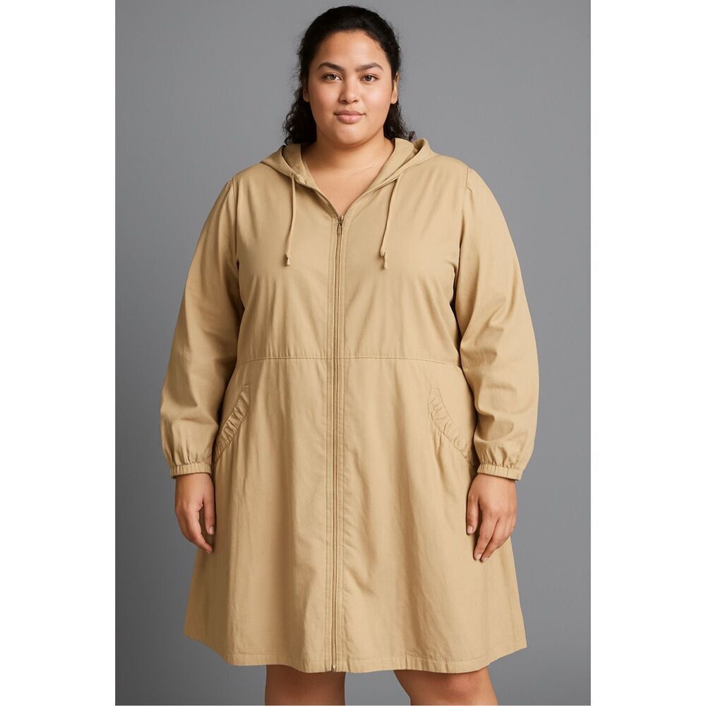 Eilly Bazar Tan Beige Zip Up Trench Coat With Hood Pockets Size 3X NWOT